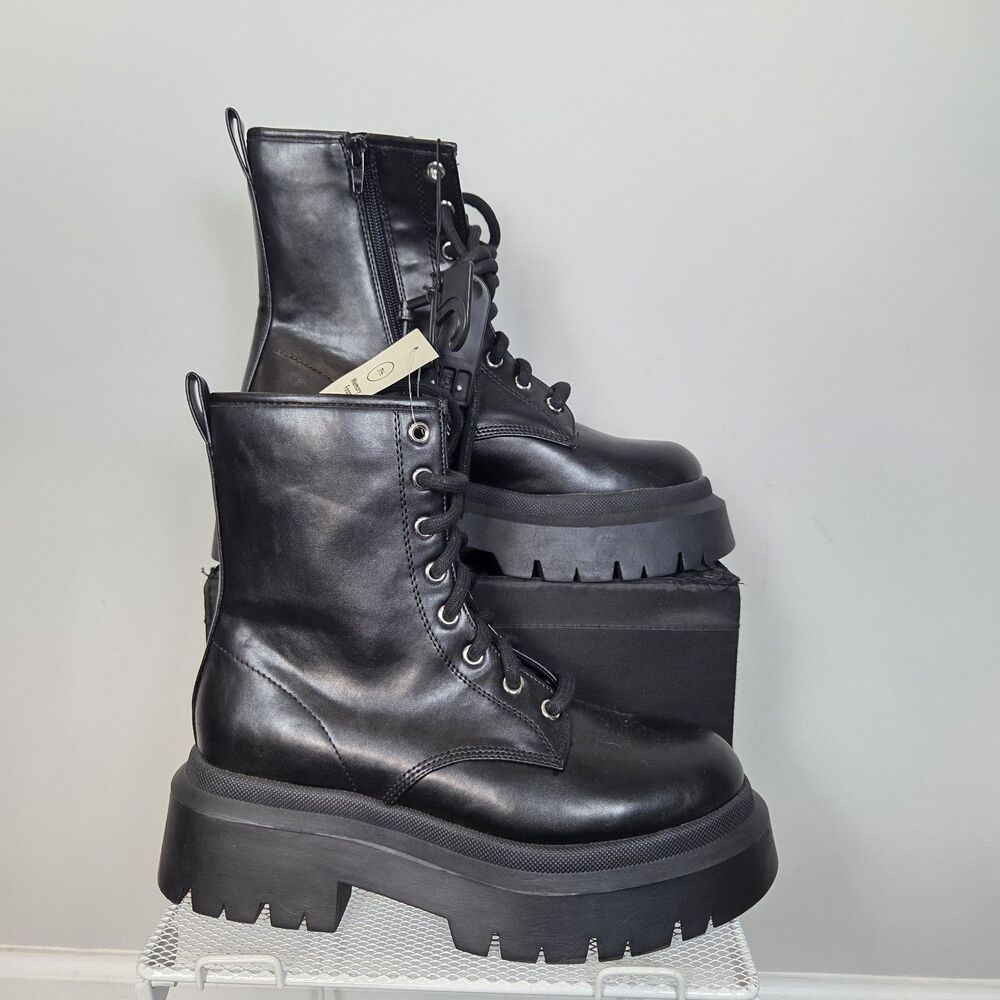 Y2K No Boundaries Women's Lug Sole Combat Boots Black Faux Leather Size 7.5 Med